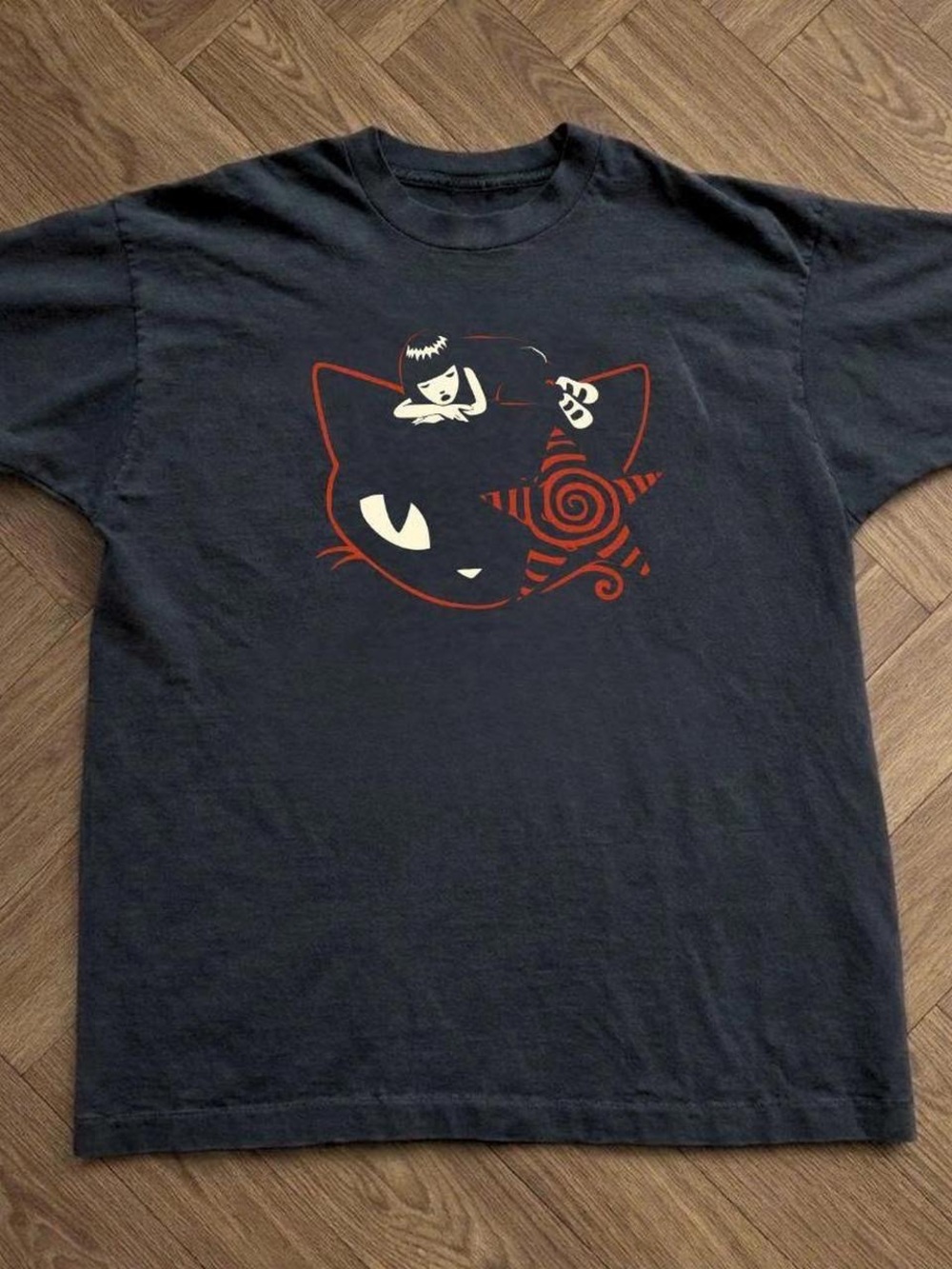 Gildan Black Tee with Red & White Cat Graphic